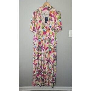 Crown & Ivy Dress Womens Large Pink Tropic Ruffle Neck Tiered Short Puff Sleeve